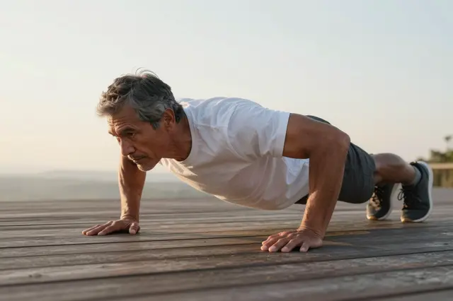 A man in his fifties holds a push up position on a wooden deck during soft sunrise light.