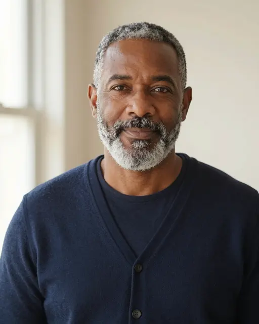 Warm headshot of a mixed-race man in his sixties with a salt-and-pepper beard wearing a navy cardigan
