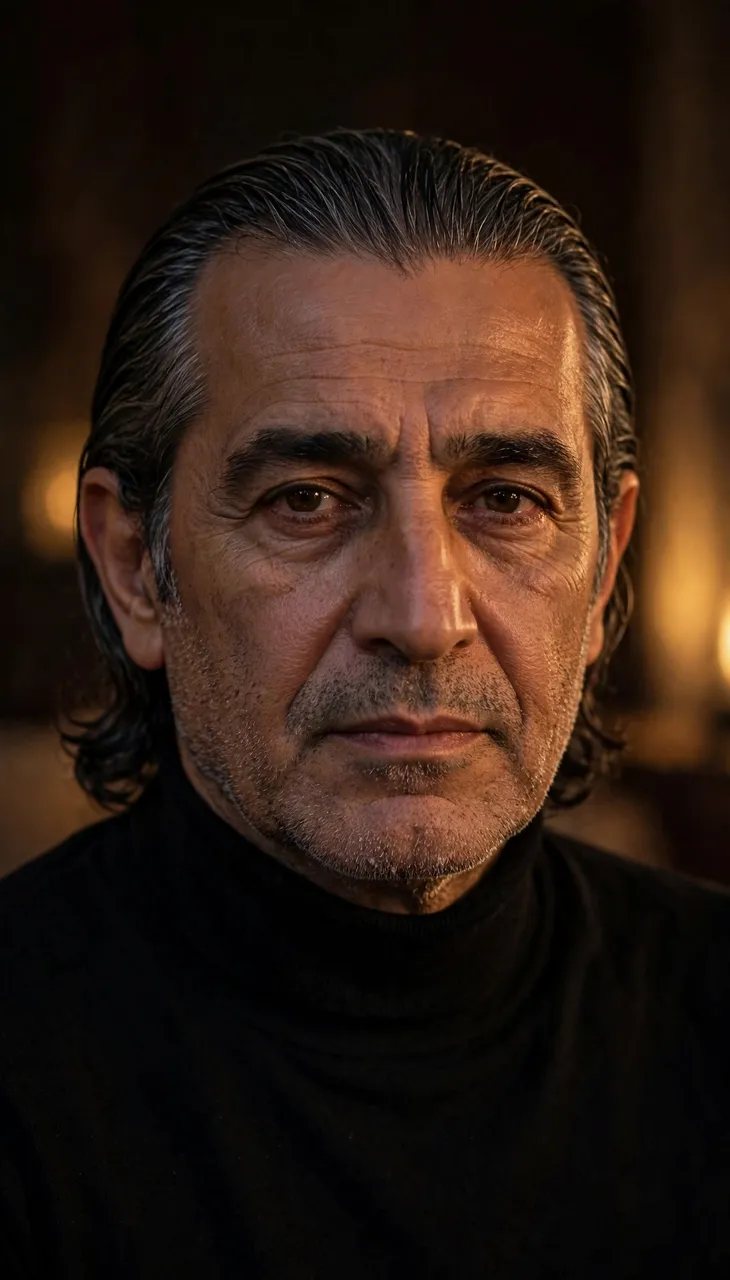 Close-up portrait of a middle-aged Middle Eastern man in a black turtleneck under warm low lighting