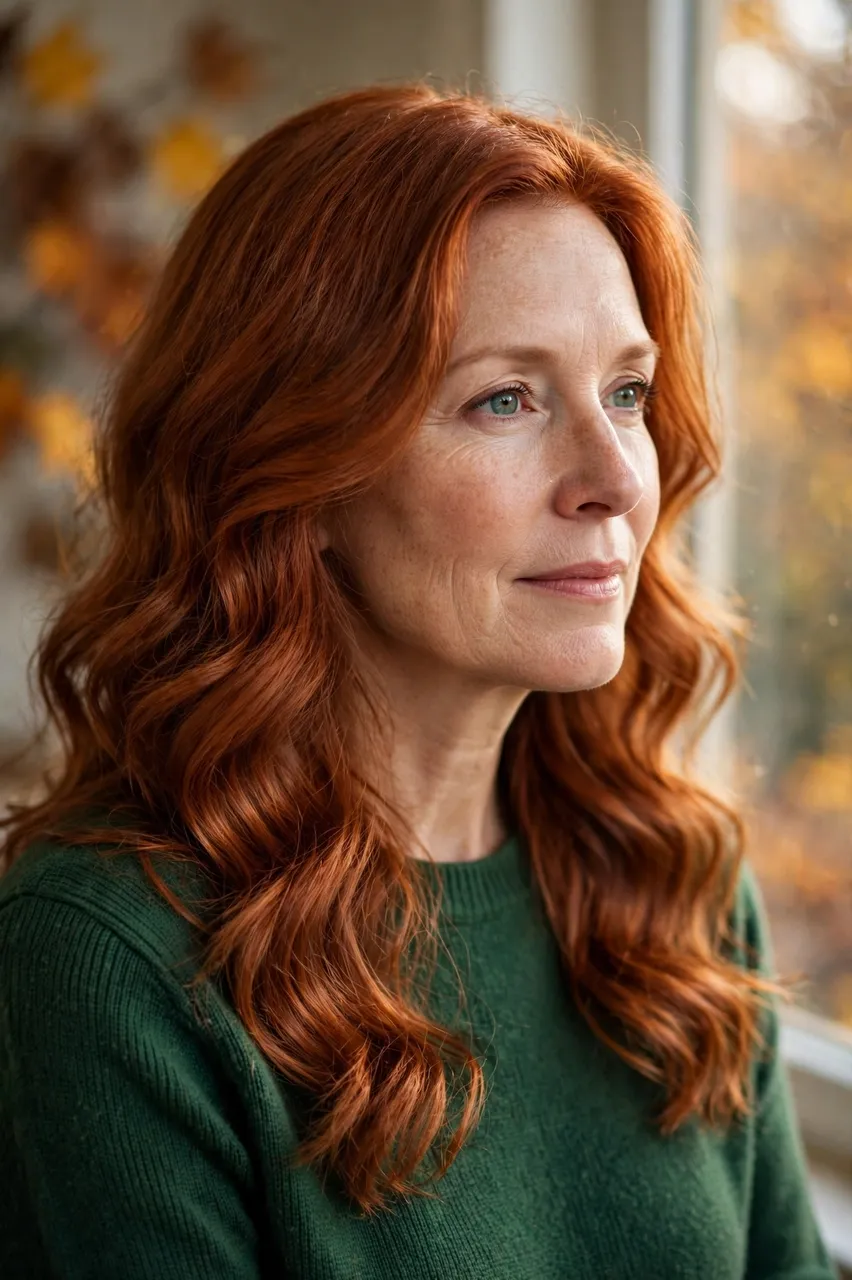 Three-quarter portrait of a woman in her forties with long copper wavy hair wearing a green sweater near an autumn window