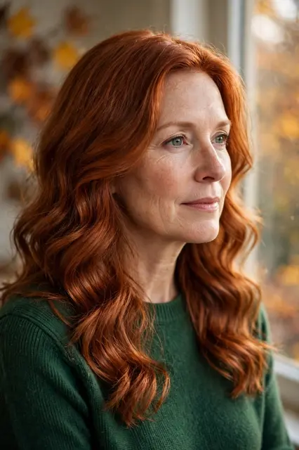 Three-quarter portrait of a woman in her forties with long copper wavy hair wearing a green sweater near an autumn window