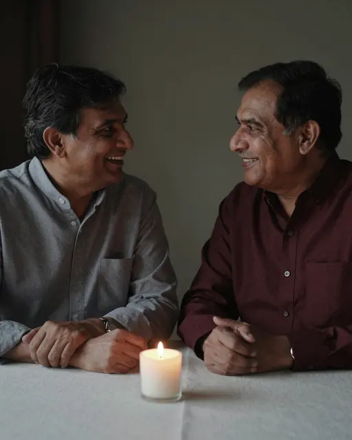Two smiling older South Asian men in their sixties look at each other across a lit candle on a linen table