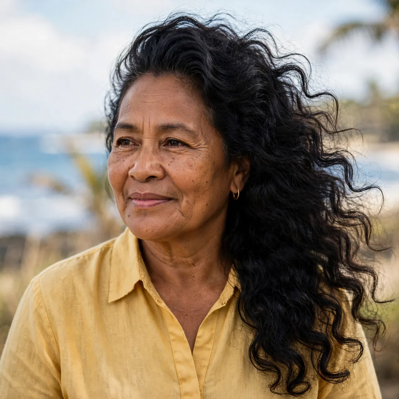 Portrait of a Pacific Islander woman in her late fifties with curly hair wearing a yellow blouse at a breezy seaside