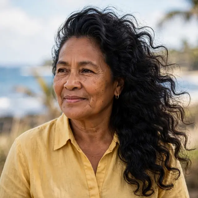 Portrait of a Pacific Islander woman in her late fifties with curly hair wearing a yellow blouse at a breezy seaside