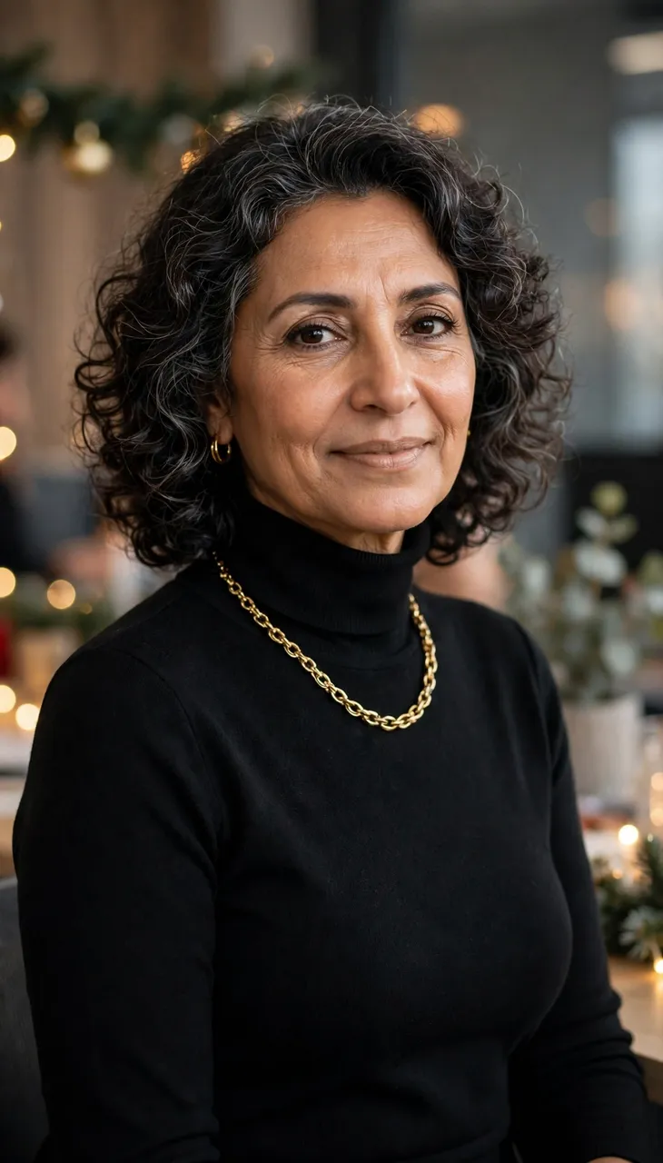 Middle Eastern woman in her fifties wears a black turtleneck and gold necklace in a festive indoor setting