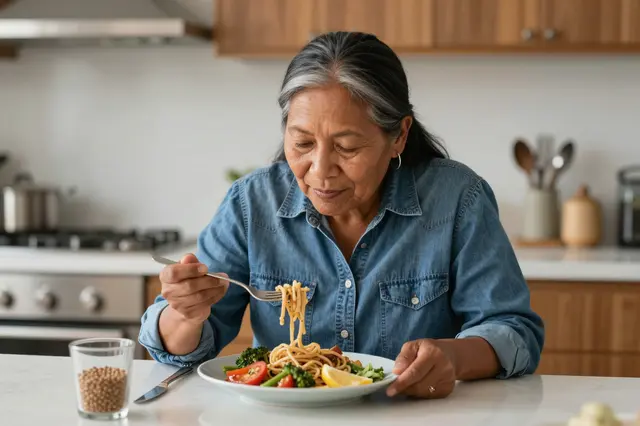Older Indigenous woman in a denim shirt eats pasta alone at a bright kitchen counter under warm lighting.