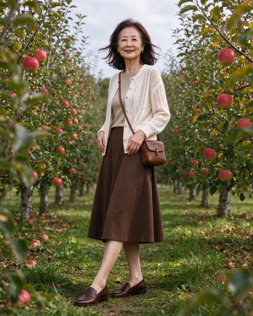 An East Asian woman in fall attire stands smiling between rows of apple trees in an orchard