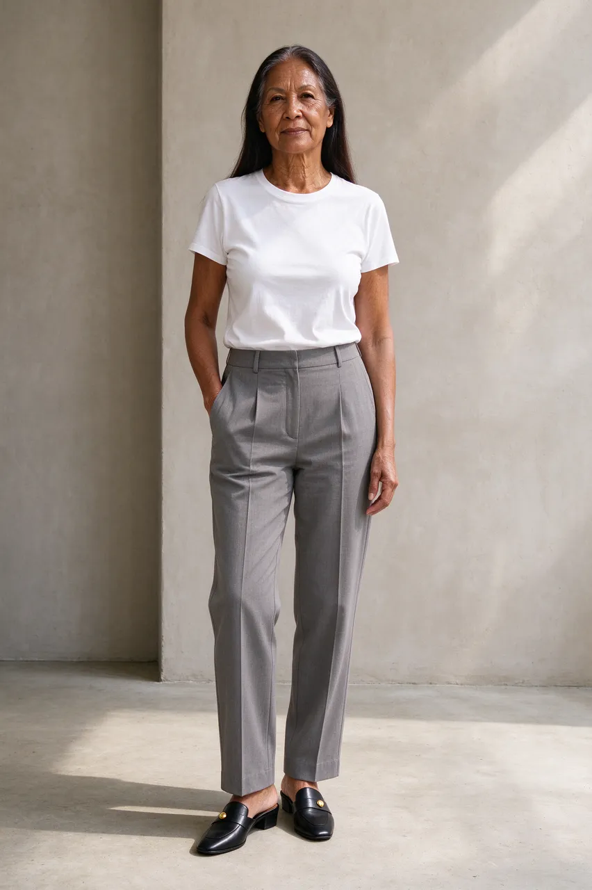 Indigenous woman in her fifties stands wearing a white tee, gray trousers and black mules against a neutral wall.