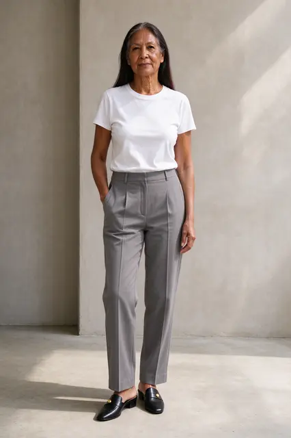Indigenous woman in her fifties stands wearing a white tee, gray trousers and black mules against a neutral wall.
