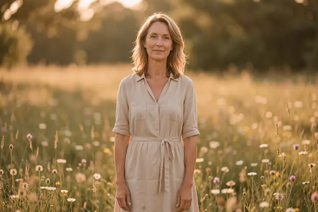 A calm mature woman stands in a sunlit wildflower meadow during golden hour