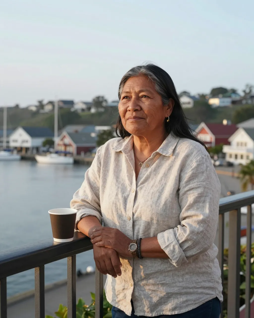 A mature Indigenous woman leans on a balcony rail beside a coffee cup overlooking a quiet harbor town at dawn.