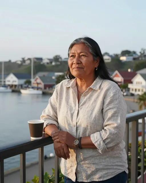 A mature Indigenous woman leans on a balcony rail beside a coffee cup overlooking a quiet harbor town at dawn.