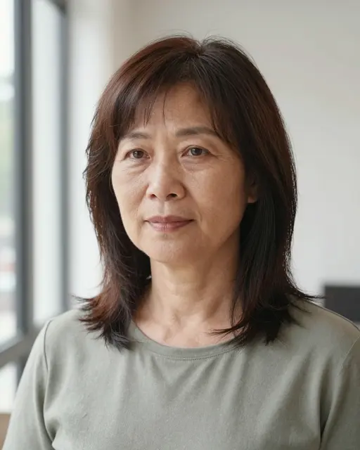 Headshot of a Southeast Asian woman in her fifties wearing a sage top near a sunlit window