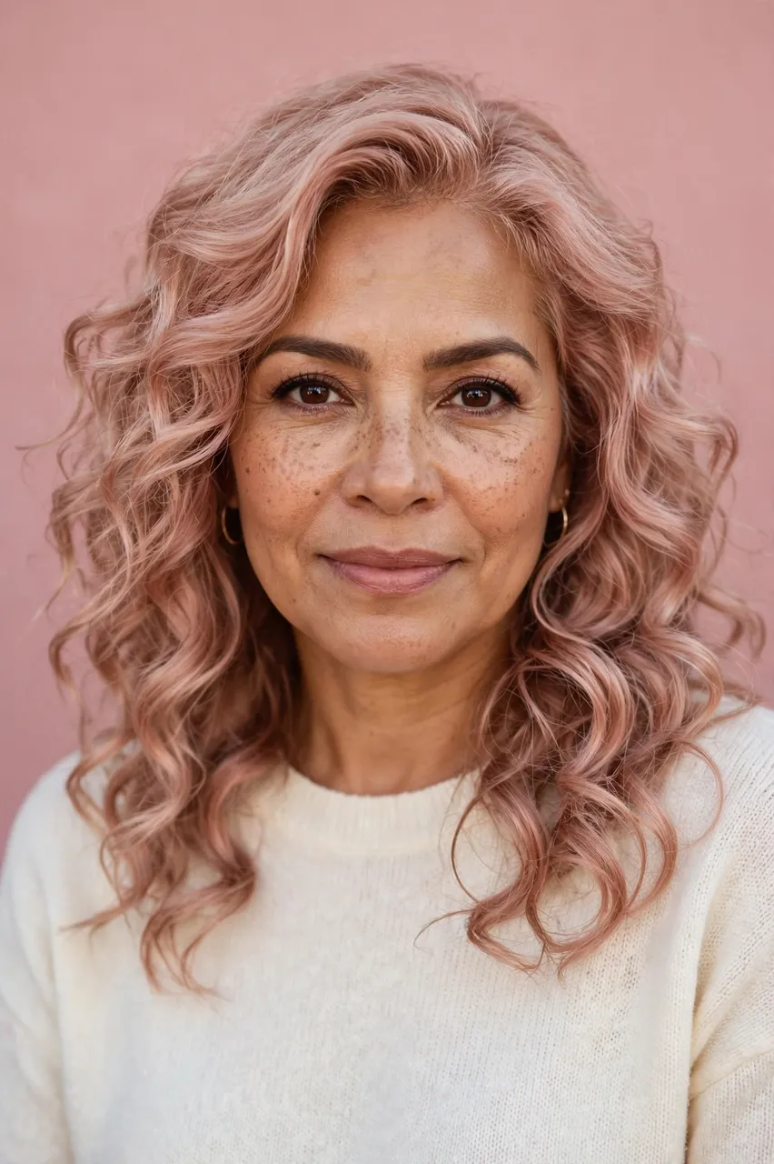 Headshot portrait of a Latina woman in her forties with rose gold curly hair against a dusty pink backdrop