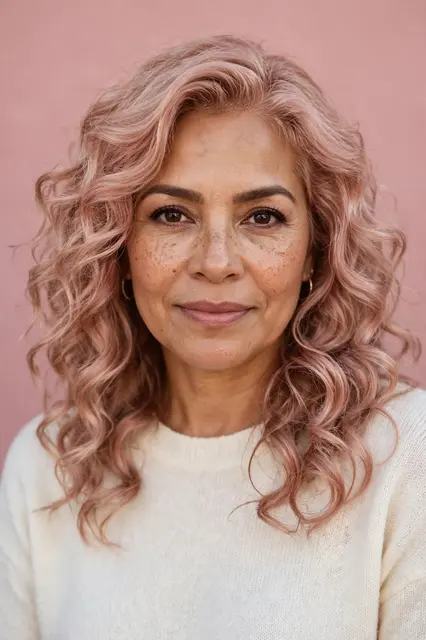 Headshot portrait of a Latina woman in her forties with rose gold curly hair against a dusty pink backdrop