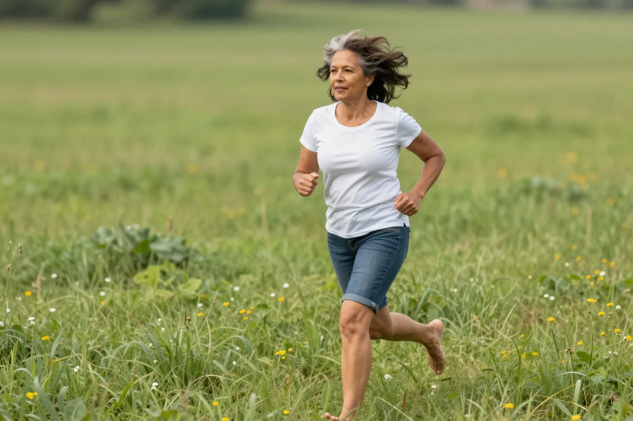 A mixed-race woman in her sixties runs barefoot through a sunlit summer wildflower meadow, hair flying in motion