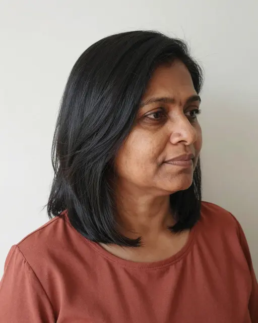 Profile portrait of a South Asian woman in her fifties with shoulder length hair wearing a rust blouse against a plain wall