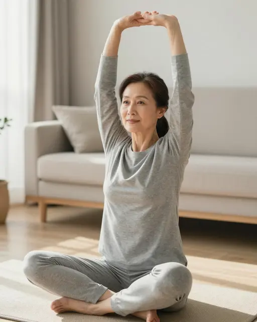 East Asian woman in gray loungewear stretches her arms overhead while seated cross-legged on a yoga mat in a sunlit living