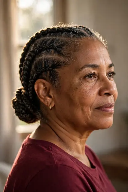 Three-quarter portrait of a woman in her fifties with feed-in braids, lit by warm window light