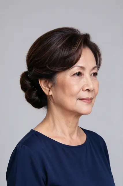 Profile view portrait of a Southeast Asian woman in her fifties with a neat updo wearing a navy top against a gray background