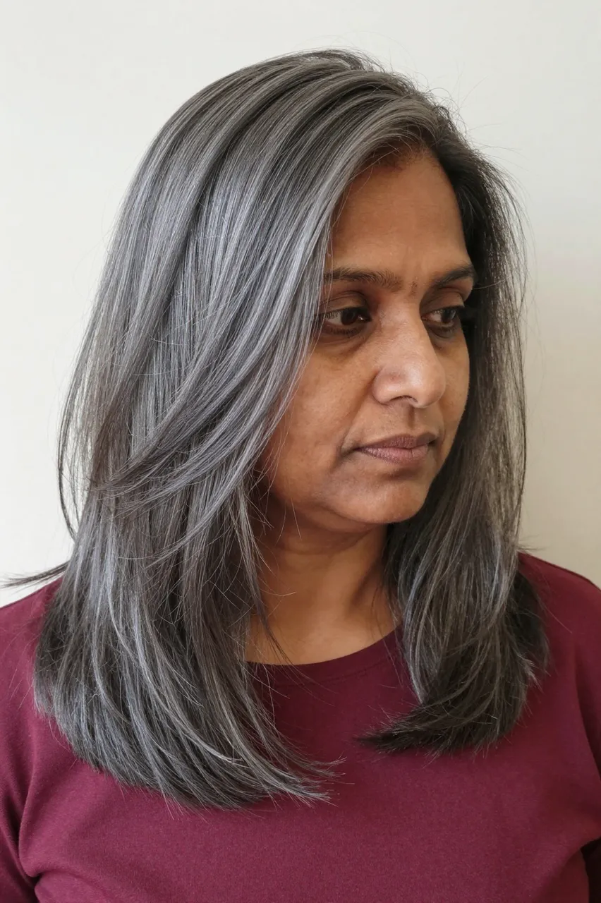 Portrait of a South Asian woman in her fifties with blended grey hair wearing a maroon top against a plain light wall