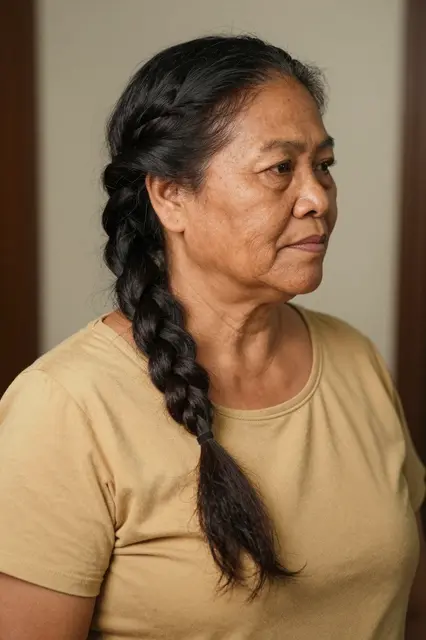 Profile view of a Pacific Islander woman in her fifties with a loose side braid, wearing an ochre top in soft warm light.