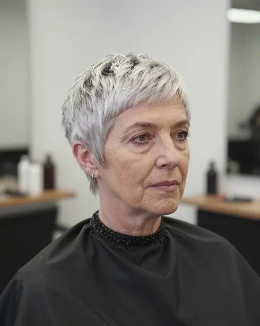 A mature woman with a short silver pixie cut wears a salon cape while seated in a bright hair salon.