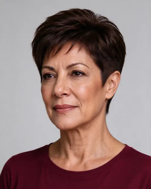 Headshot portrait of a Latina woman in her fifties with a short tapered haircut wearing a burgundy top against a plain gray