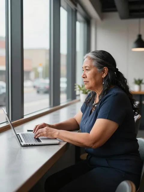 Mature Indigenous woman in her fifties types on a laptop at a bar counter beside tall windows in a coworking space.
