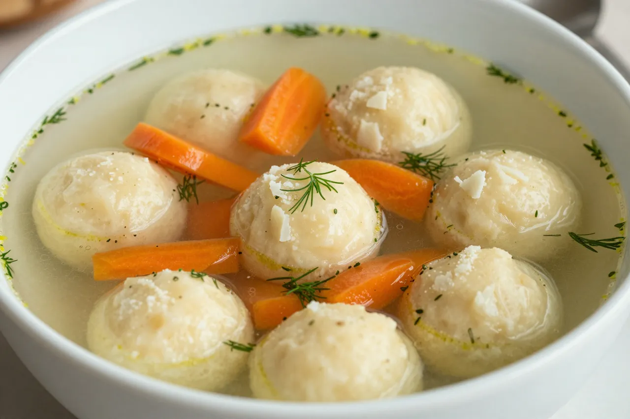 Close-up of a white bowl of matzo ball soup garnished with carrot slices and fresh dill