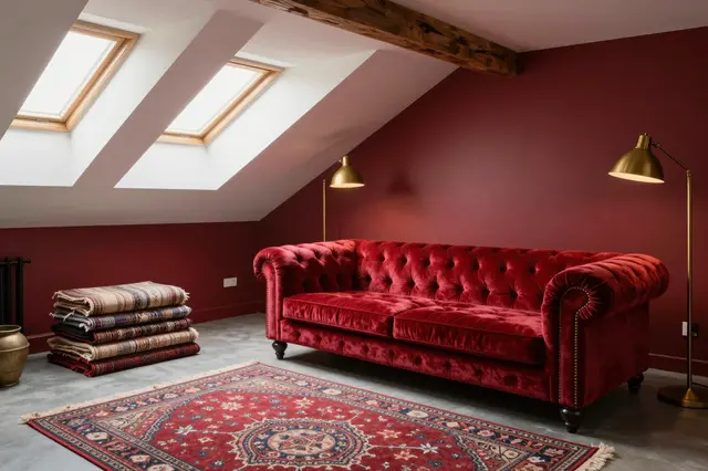 Cozy attic room with deep red walls, tufted velvet sofa, brass lamps, skylights, and stacked rugs under sloped eaves