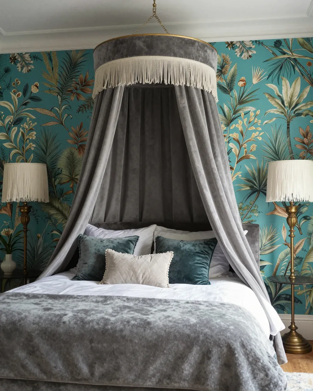 Luxury maximalist bedroom with velvet canopy bed, fringed lamps and botanical jewel-toned wallpaper