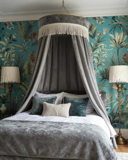 Luxury maximalist bedroom with velvet canopy bed, fringed lamps and botanical jewel-toned wallpaper