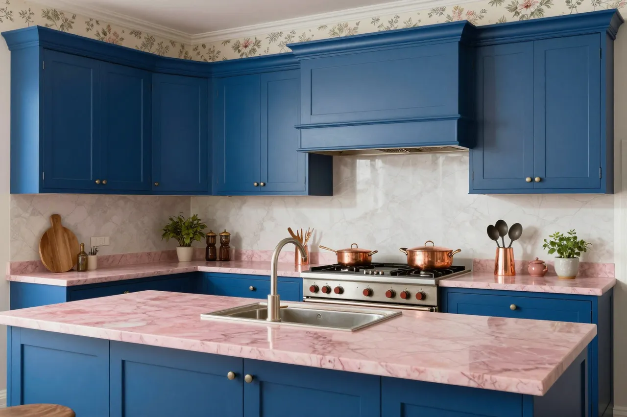 Bright maximalist kitchen with cobalt cabinets, pink marble counters, copper cookware and floral ceiling trim
