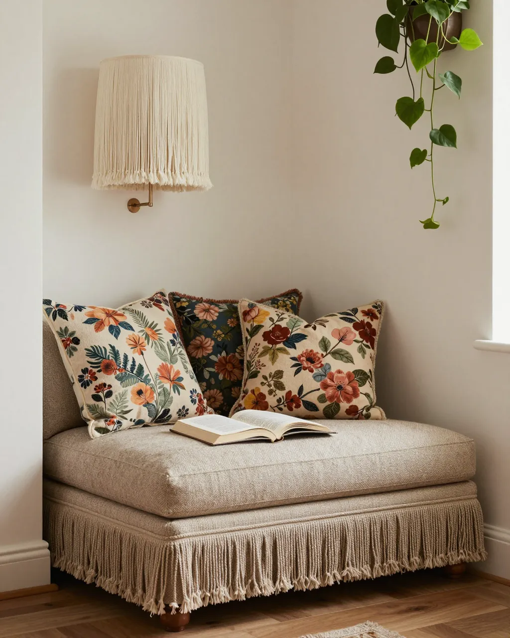 A fringed upholstered chaise with floral cushions, an open book, tasseled wall lamp and trailing pothos plant in a sunlit