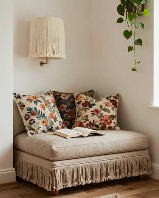A fringed upholstered chaise with floral cushions, an open book, tasseled wall lamp and trailing pothos plant in a sunlit