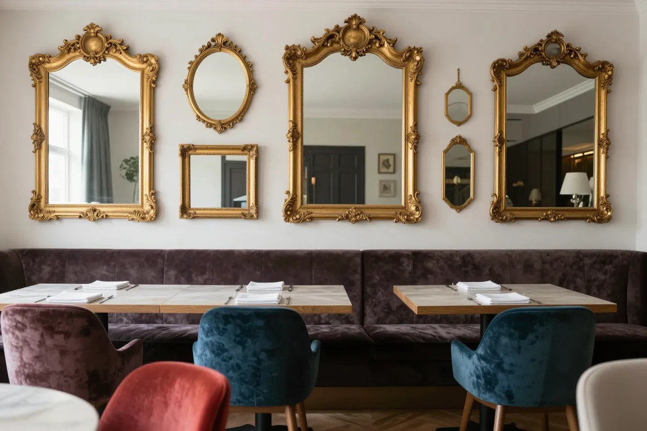 A dining room with a gilded mirror gallery wall, velvet banquette and mismatched upholstered chairs