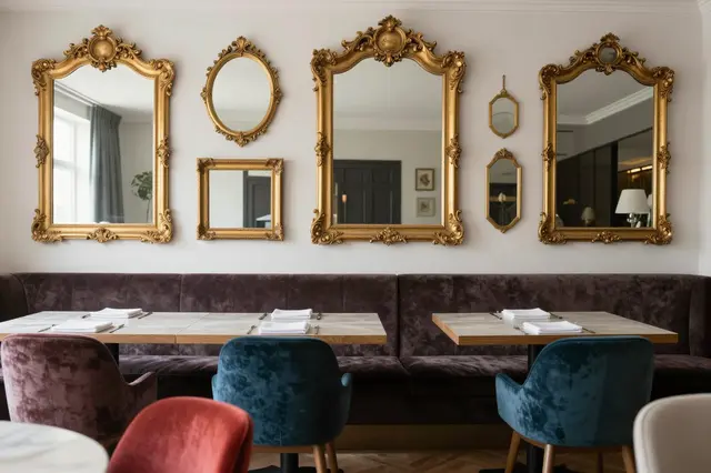 A dining room with a gilded mirror gallery wall, velvet banquette and mismatched upholstered chairs