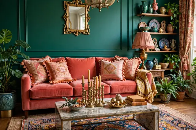 Maximalist living room with emerald paneled walls, coral velvet sofa and brass decor accents