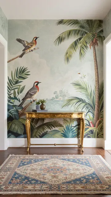 A gilded console table sits beneath a bird and palm wallpaper mural above a patterned hall rug in an entryway.
