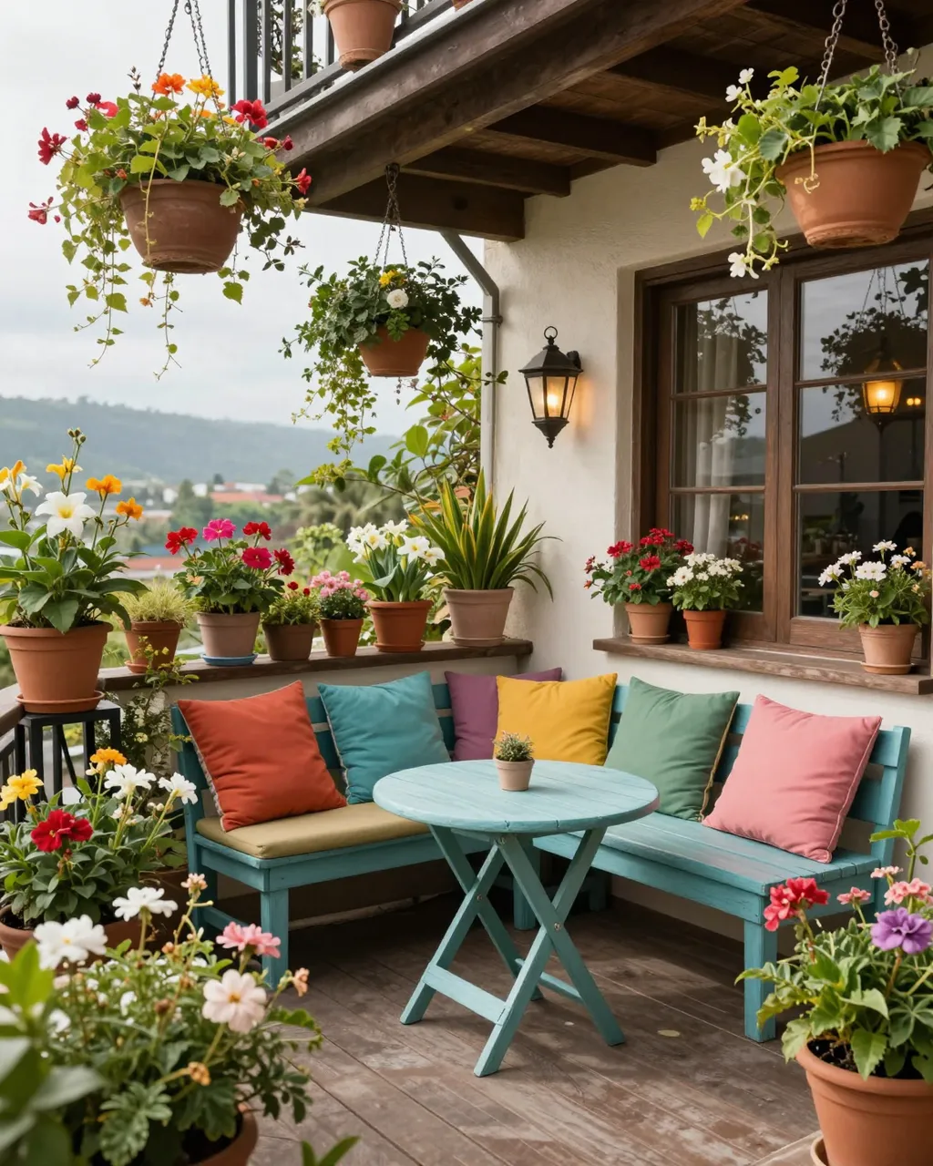 Cozy balcony overflowing with potted flowers, colorful cushions, a small bistro table and hanging planters overlooking