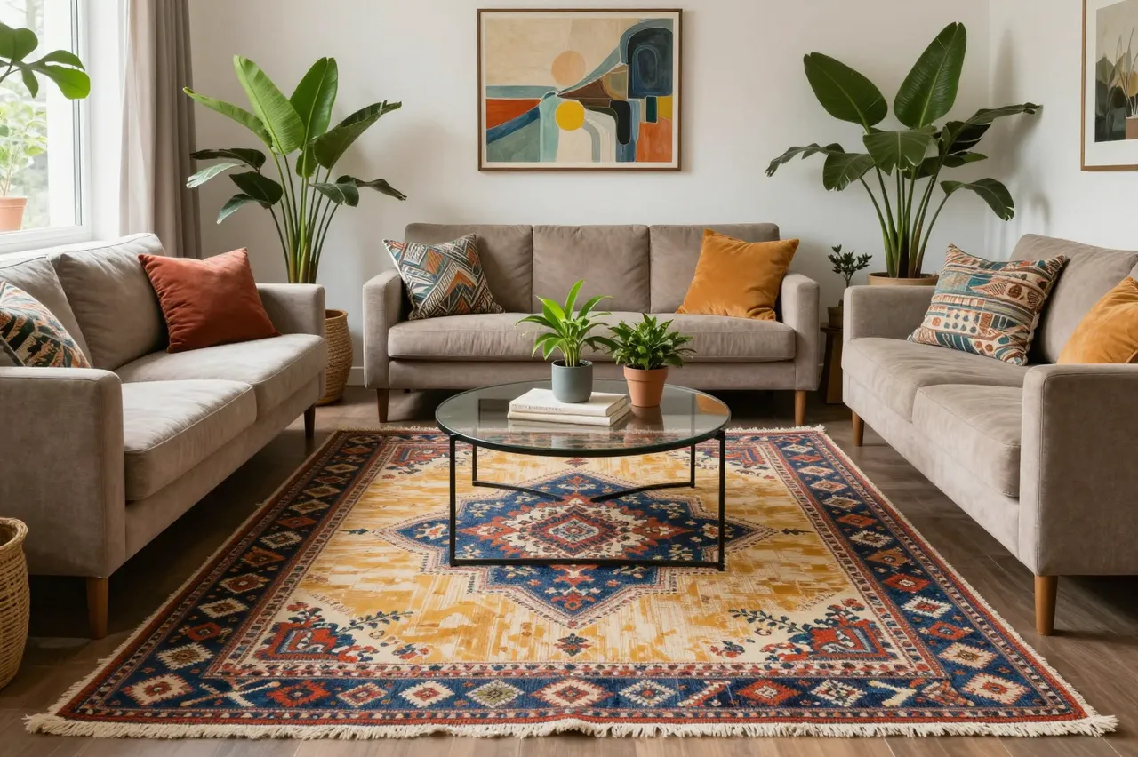 Bright maximalist living room with beige sofas, layered patterned rug, houseplants and wall art.