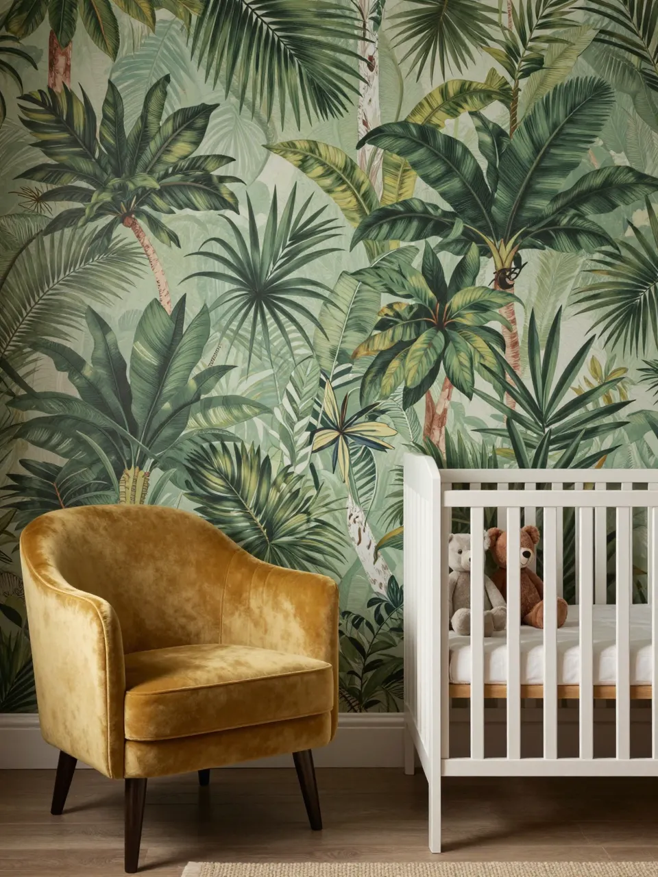 A white crib with plush teddy bears sits beside a mustard velvet chair against tropical jungle wallpaper.