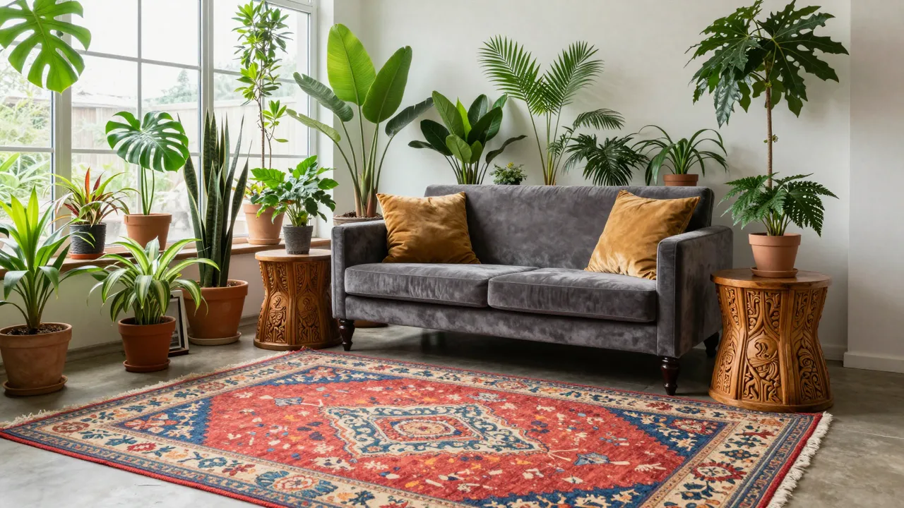 Bright sunroom with gray velvet sofa, carved wooden side tables, a colorful patterned rug, and dozens of lush potted