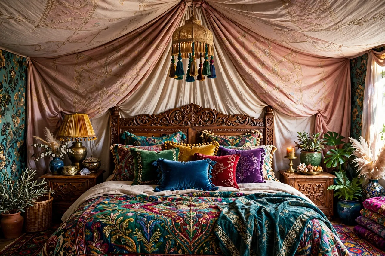 Cozy maximalist bedroom with fabric tented ceiling, carved wooden bed, jewel toned cushions and tasseled pendant light