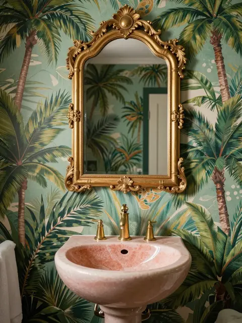 Pink coral basin with brass taps sits below an ornate carved gold mirror against bold palm print tropical wallpaper