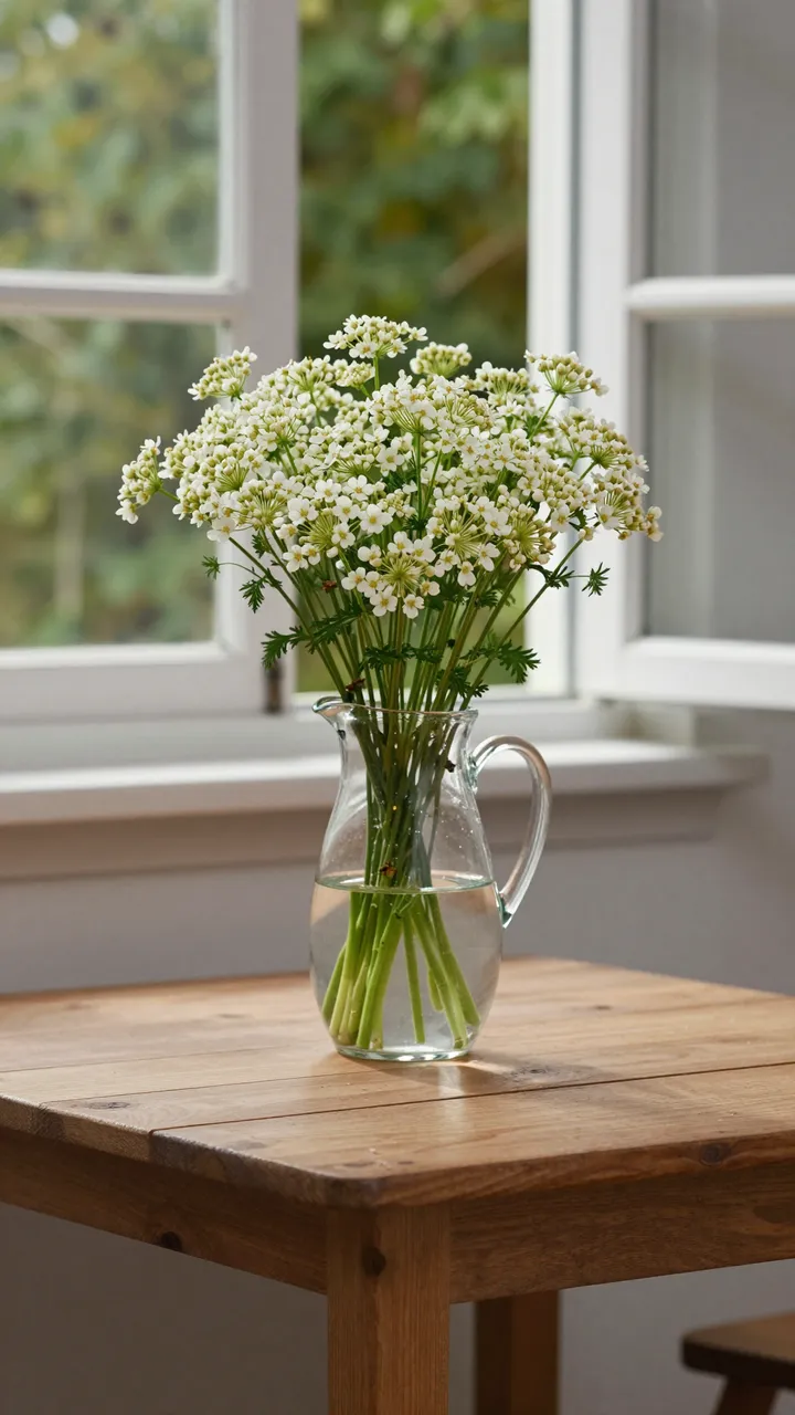 A glass jug of white meadow flowers sits on a wooden table next to an open cottage window.