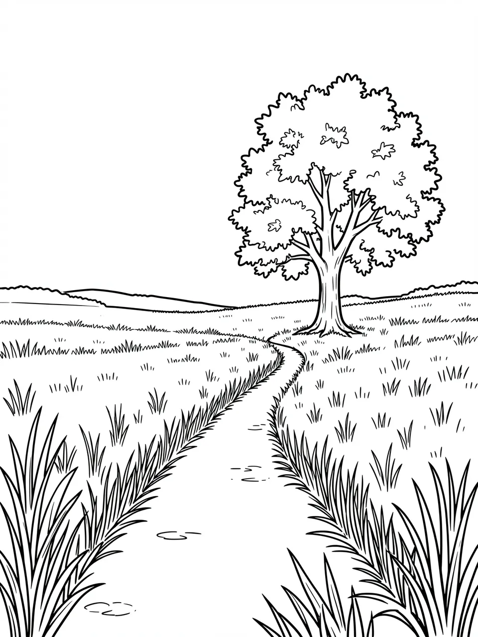 Black and white line art coloring page of a winding meadow path leading to a single large tree