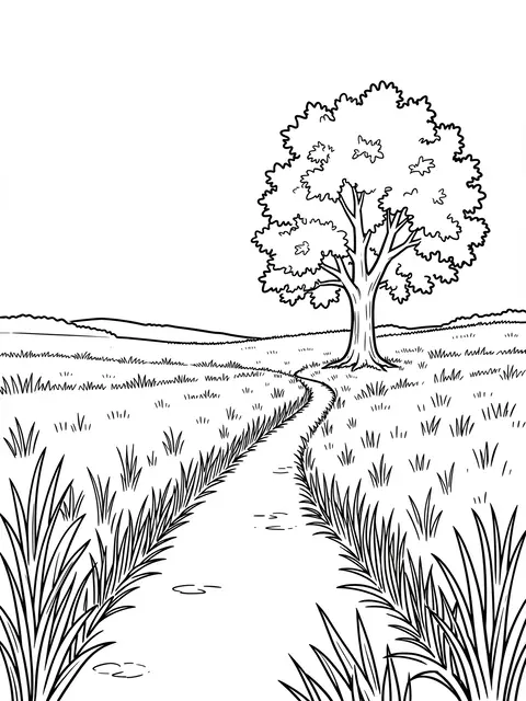 Black and white line art coloring page of a winding meadow path leading to a single large tree
