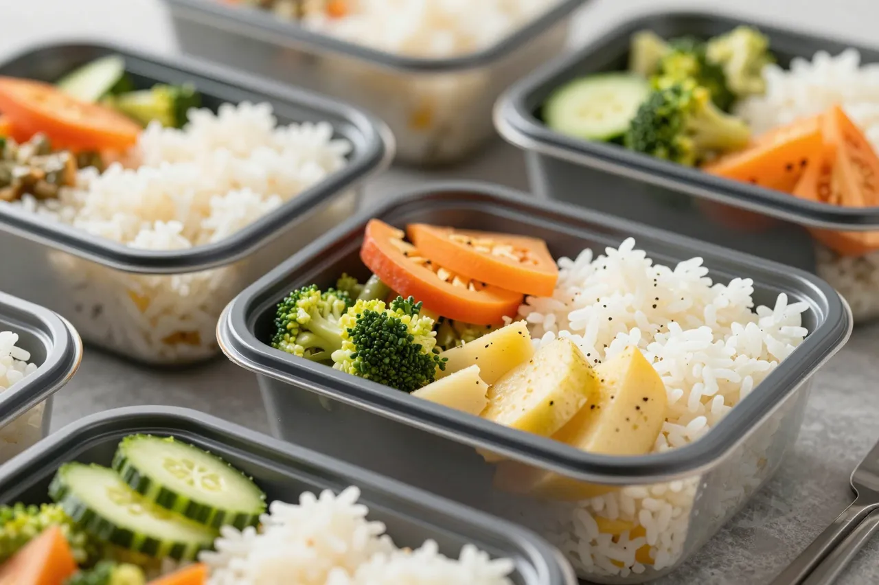 Multiple reusable meal prep containers filled with rice, broccoli, tomatoes, and other vegetables arranged on a gray